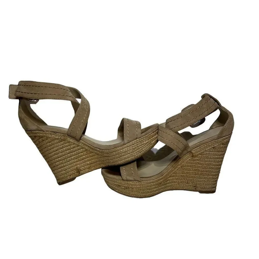 Marc Fisher Haely Nude Beige Suede Wedge Heel Espadrille Sandal Shoes Size 8